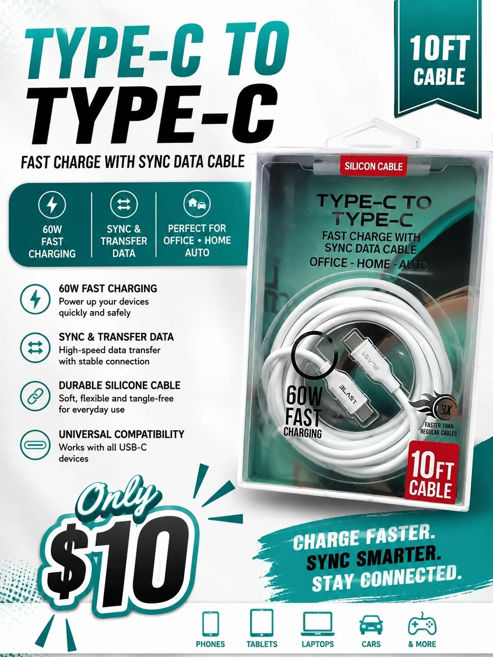 Type-C to Type-C 10ft Fast Charge Silicone Cable - White